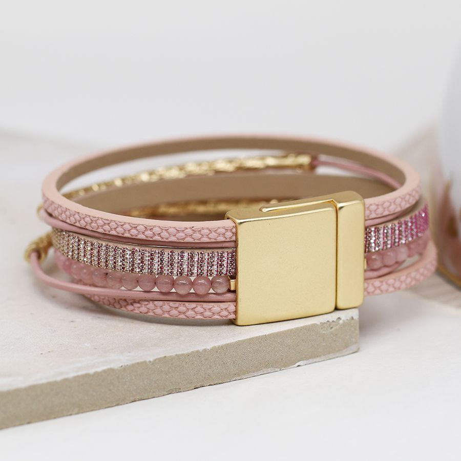 POM Pale Pink Multi-strand Weave Leather Bracelet