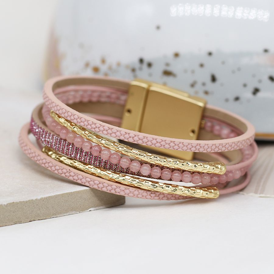 POM Pale Pink Multi-strand Weave Leather Bracelet