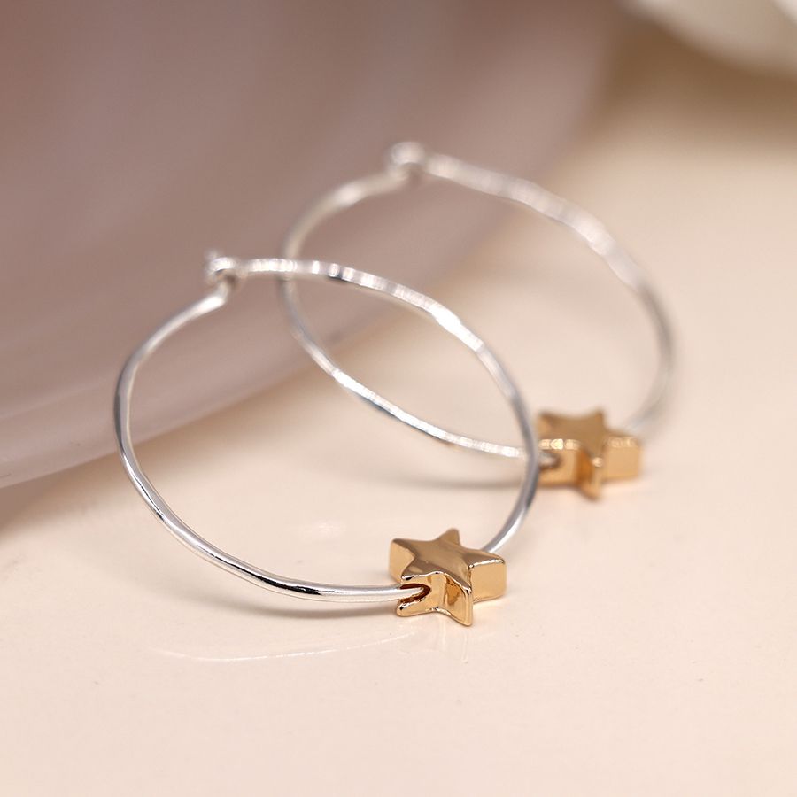 POM Silver plated organic hoop and golden star earrings