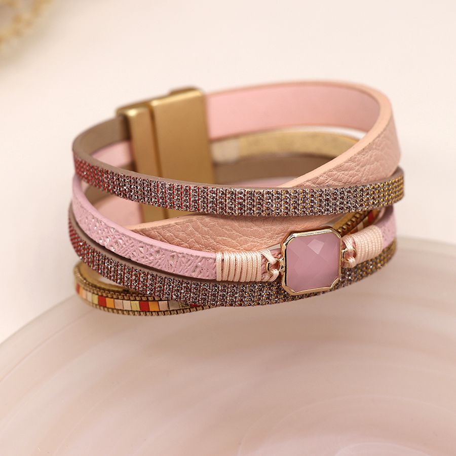 POM Pink Multi-strand Leather Bracelet with Square Stone