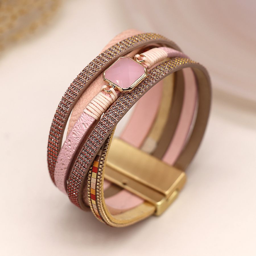 POM Pink Multi-strand Leather Bracelet with Square Stone