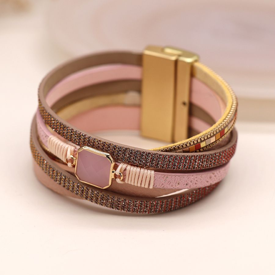 POM Pink Multi-strand Leather Bracelet with Square Stone