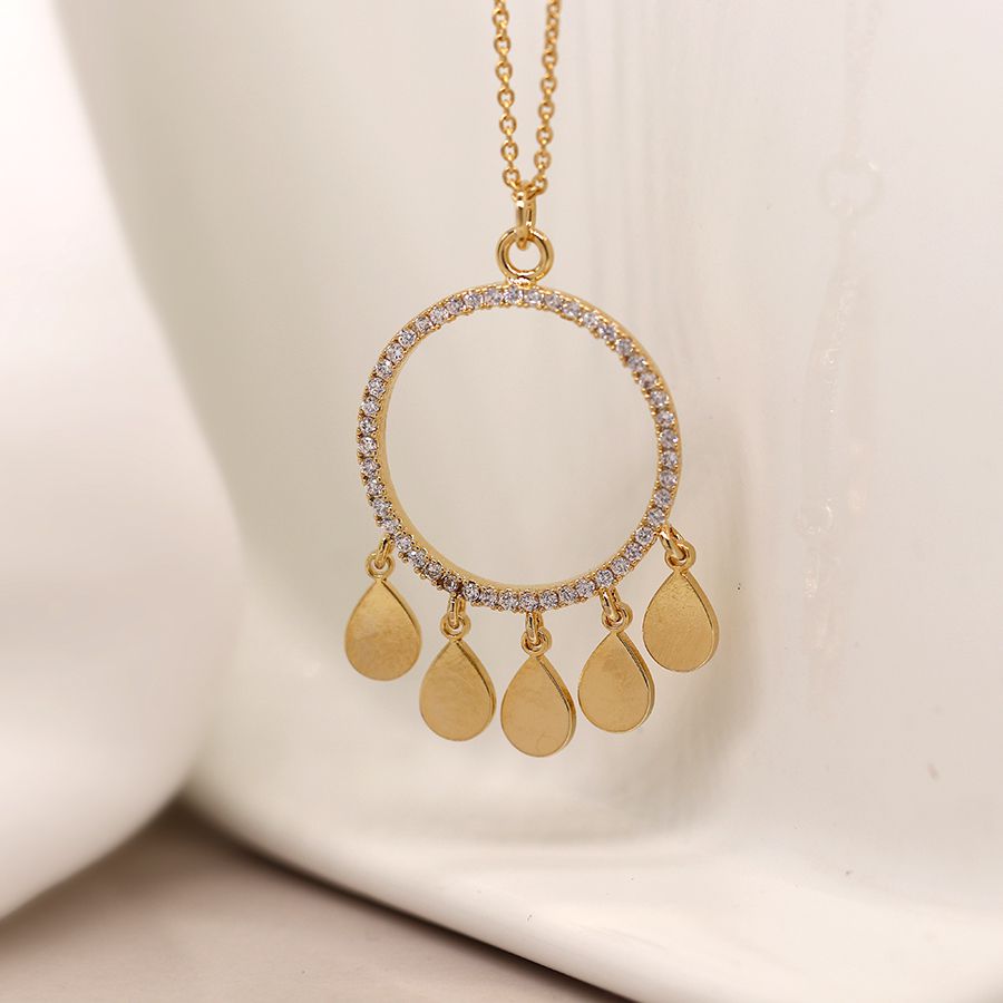 POM Golden Crystal inset Circle and Multi teardrop Necklace