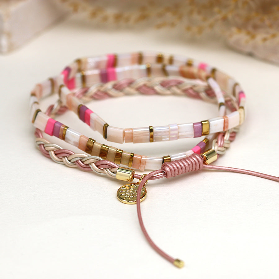 POM Gold and Pastel Pink Beaded and Plaited Bracelet