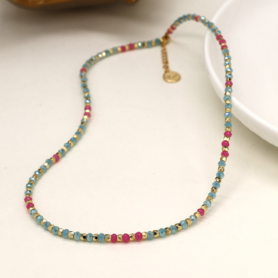 POM Aqua and Pink Glass Bead Necklace