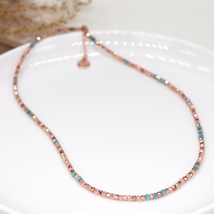 POM Pink and Lilac Glass Bead and Rose Gold Facet Necklace