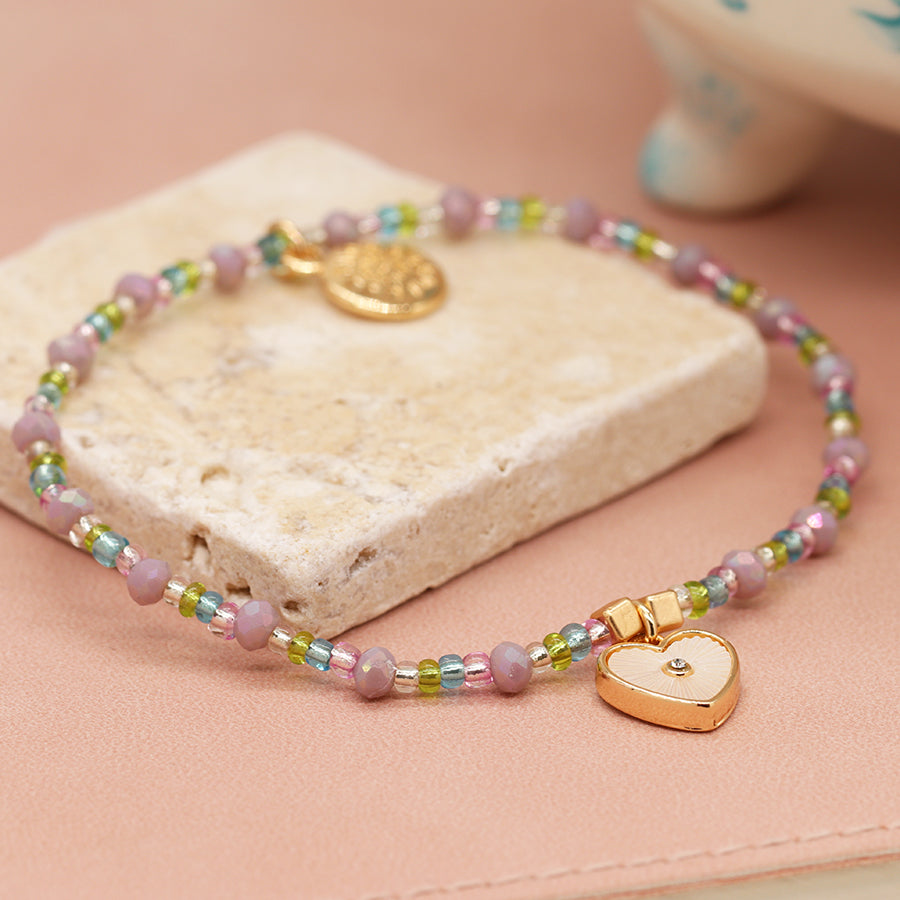 POM Pastel Beaded Bracelet with Shell Heart Charm