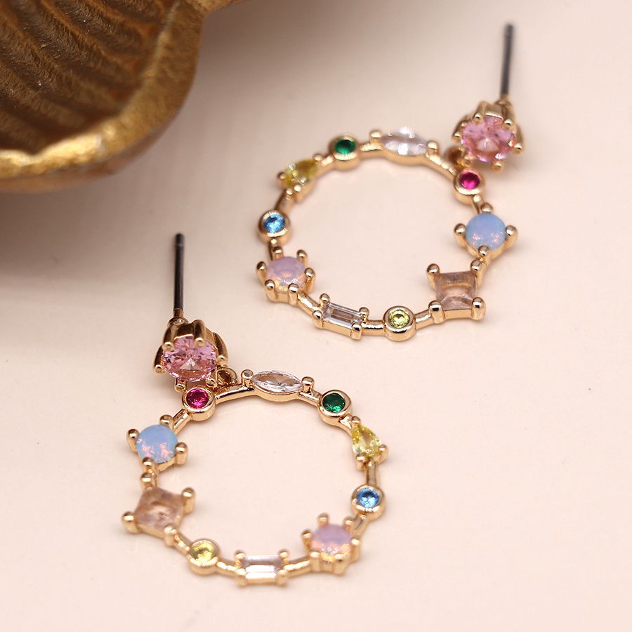 POM Golden decorative circle earrings with mixed crystals
