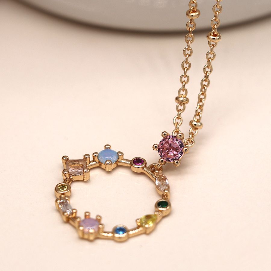 POM Golden Decorative Circle Necklace with Mixed Crystals