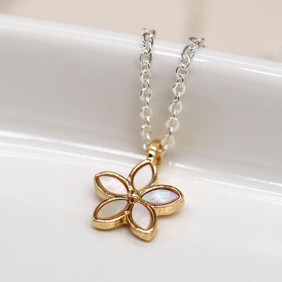 POM Golden shell inset flower pendant on silver plated chain