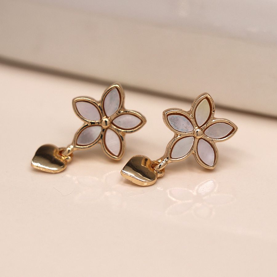 POM Golden Shell Inset Flower and Heart Charm Earrings