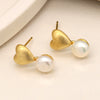 POM Brushed Faux Gold Heart Studs With Freshwater Pearl Drops