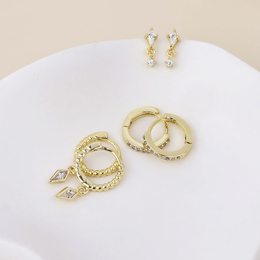 POM Laura Golden crystal polygon drop, stud and hoop earrings set
