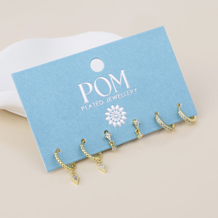 POM Laura Golden crystal polygon drop, stud and hoop earrings set