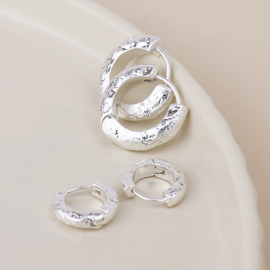 POM Molten Silver plated worn textured huggie hoop duo