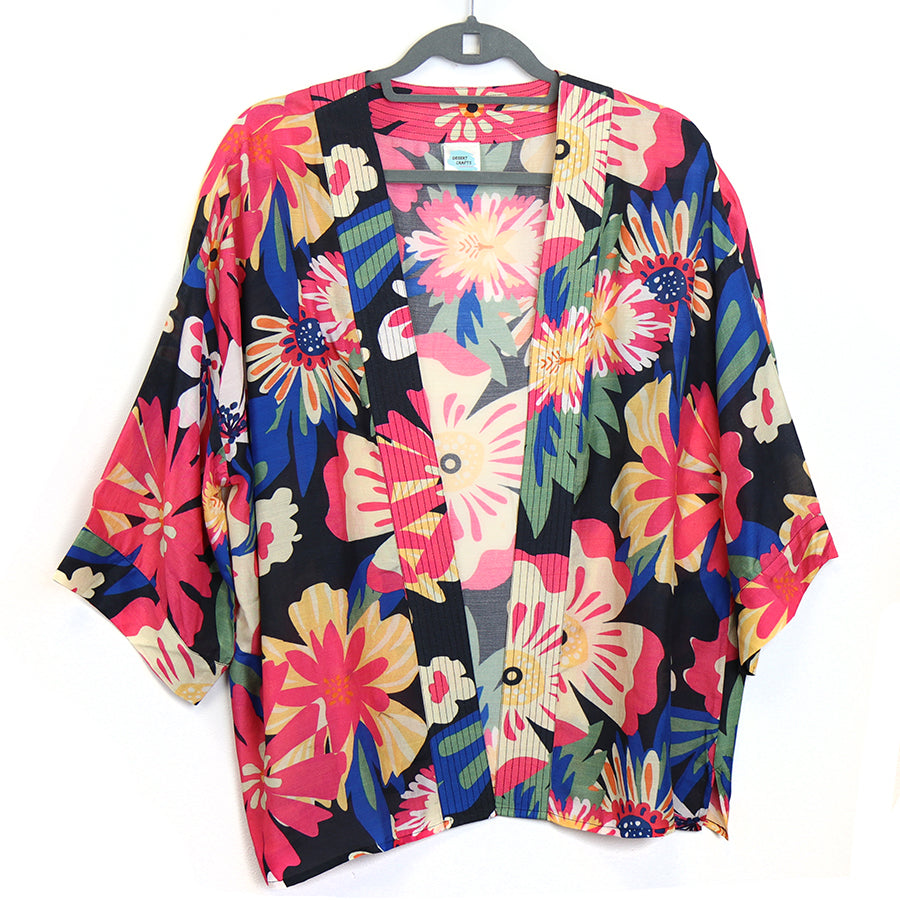 POM Coral and Blue Large Hibiscus Flower Kimono
