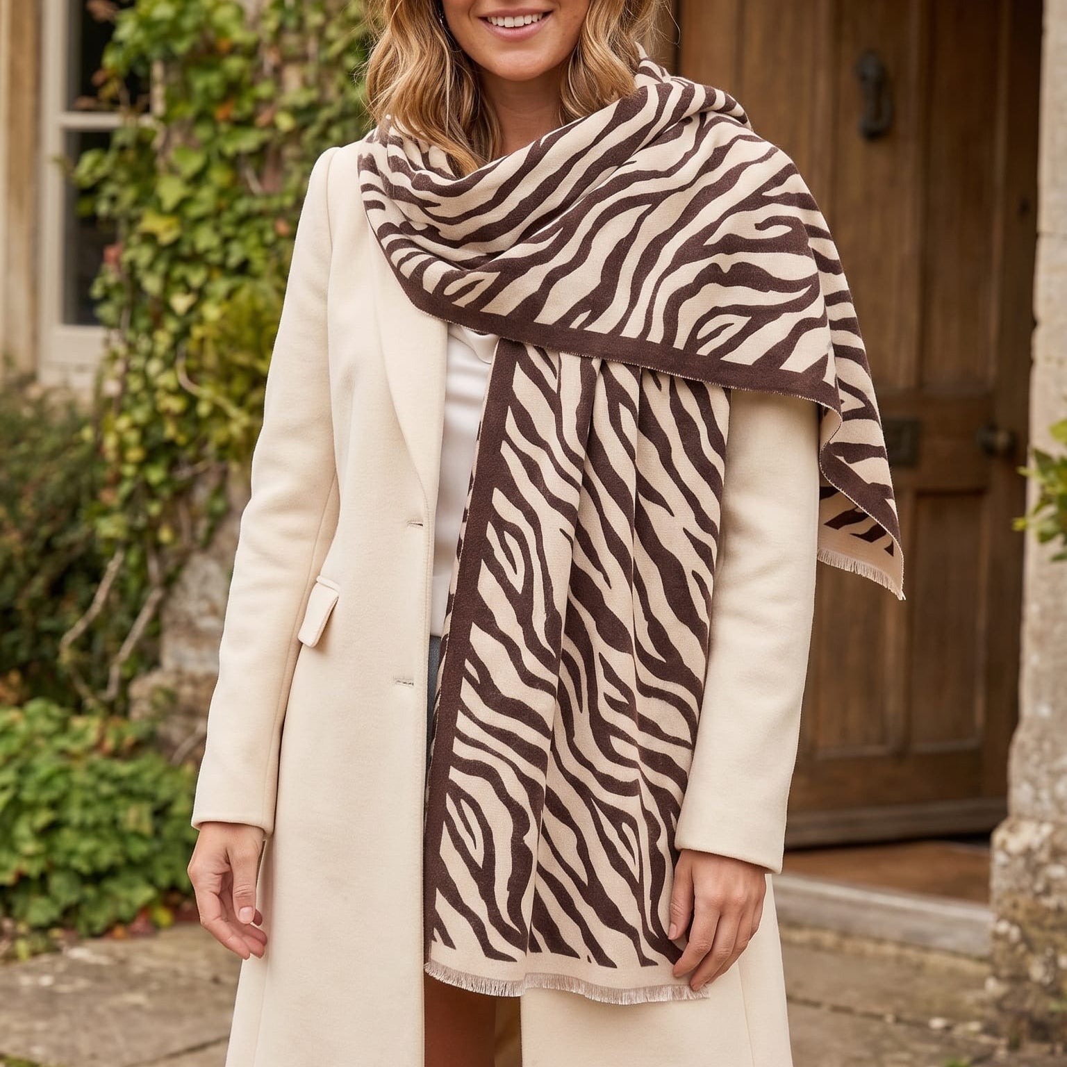 Loxley Lane Chocolate Wrap Scarf Zebra Print with Fringed Edge