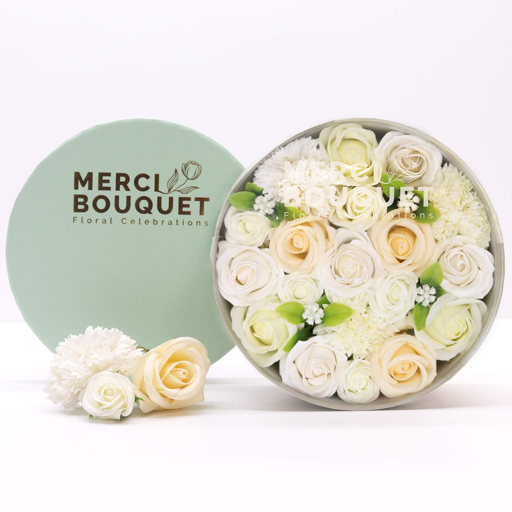 Merci Bouquet Soap Flowers Round Box - White & Ivory