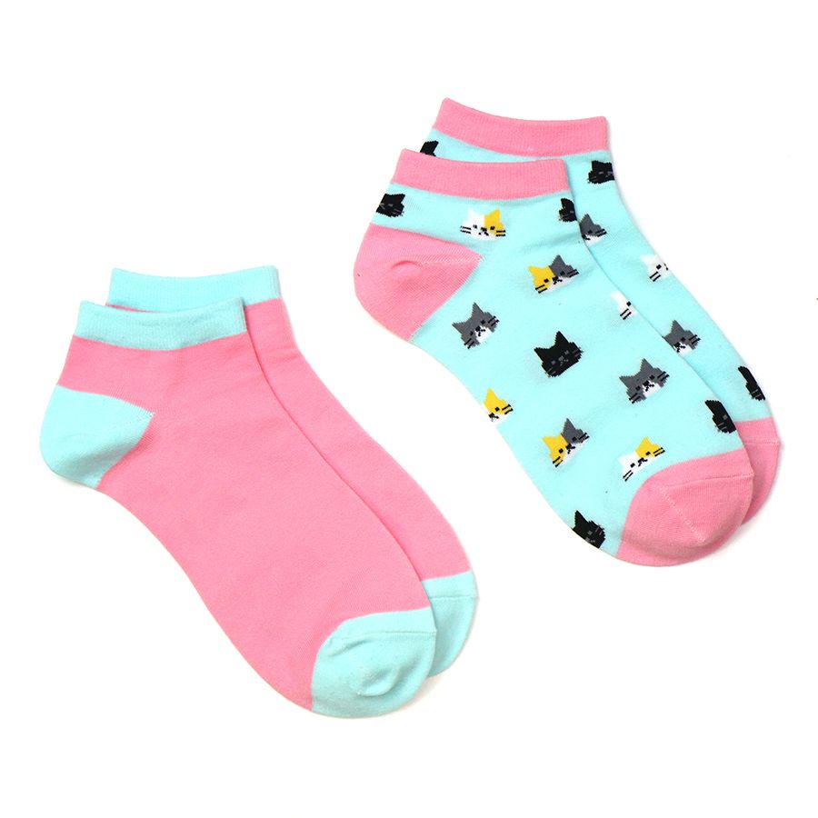 POM Pink and Baby Blue Cat Socks 2 Pair Pack