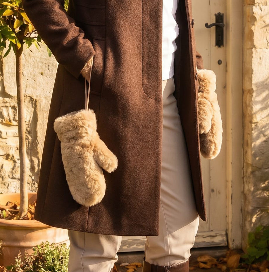 Loxley Lane Caramel Faux Teddy Fur Mittens with Detachable Strap
