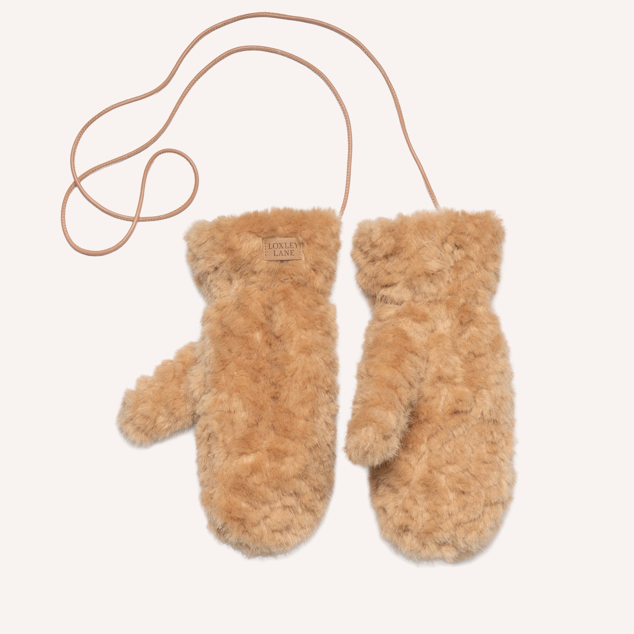 Loxley Lane Caramel Faux Teddy Fur Mittens with Detachable Strap