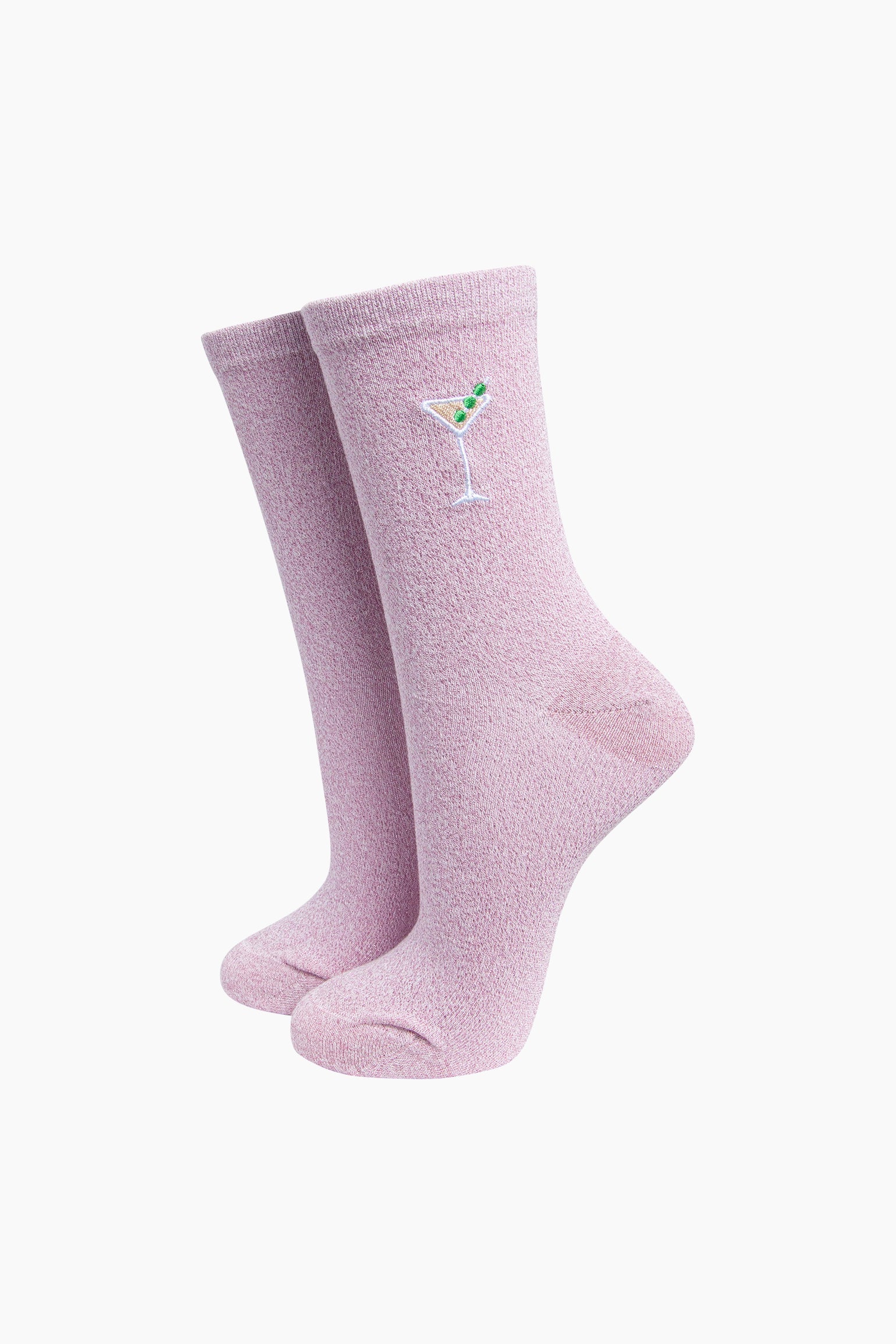 Sock Talk Cocktail Embroidered Combed Cotton Glitter Socks in Soft Pink