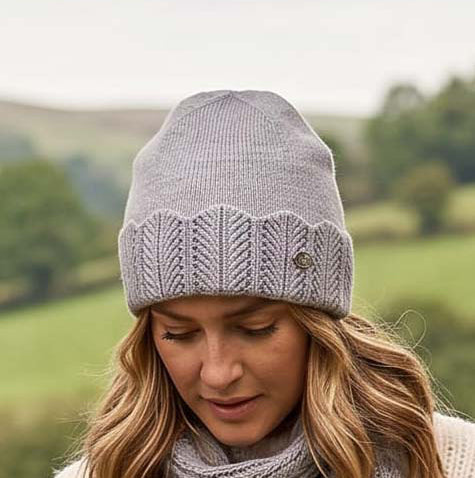 Loxley Lane Grey Beanie Hat Scalloped Edge