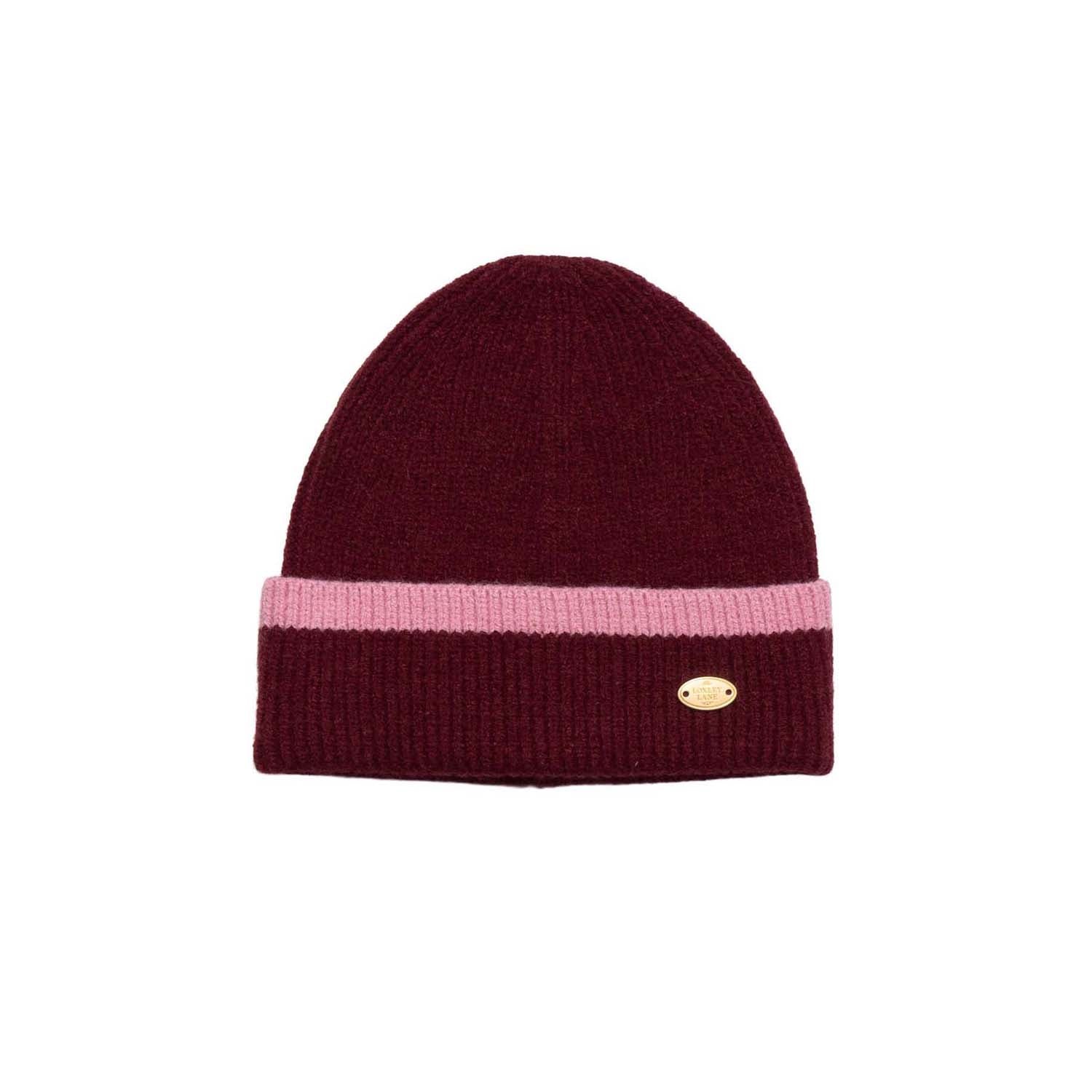 Loxley Lane Burgundy Beanie Hat Knitted Border Design