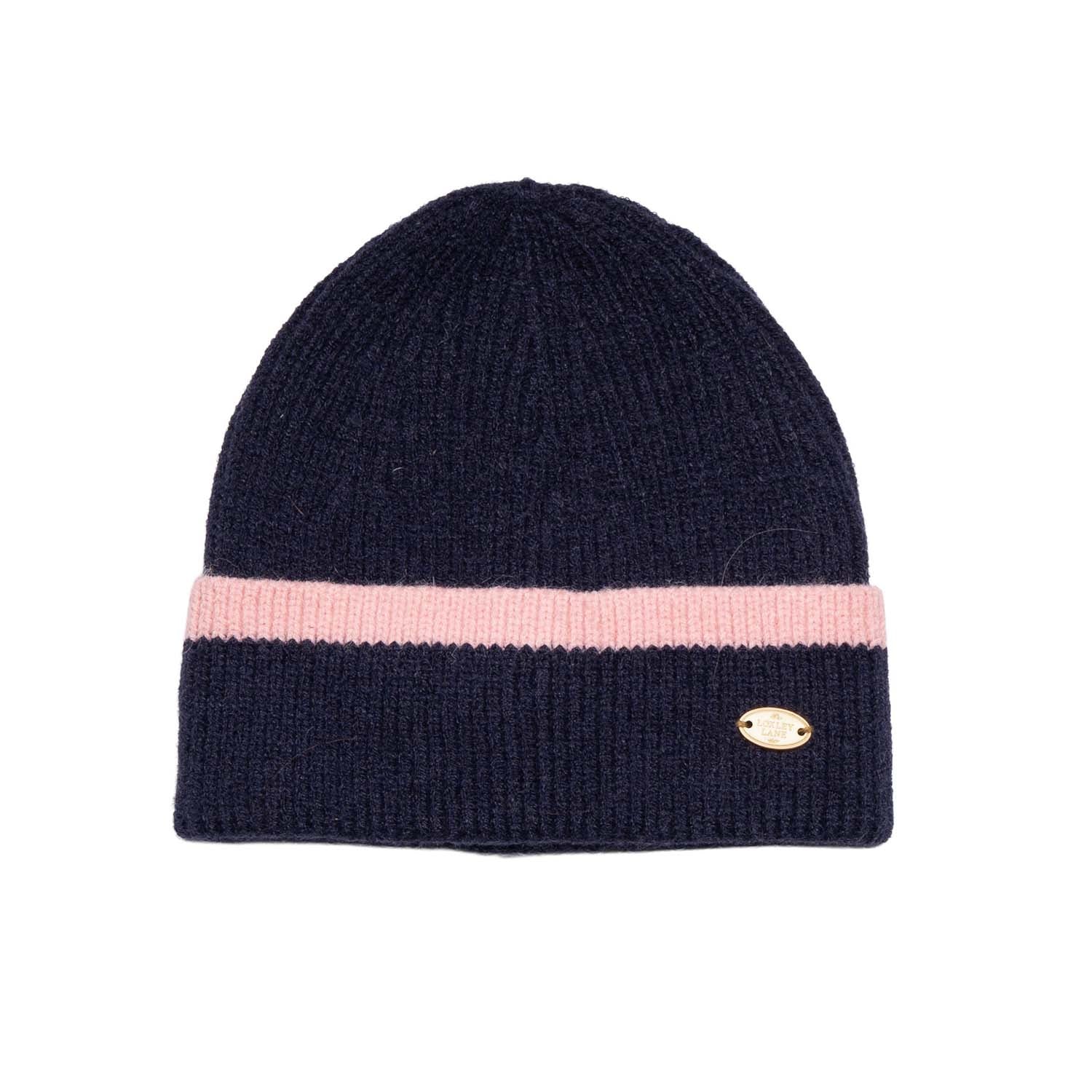 Loxley Lane Navy Beanie Hat Knitted Border Design