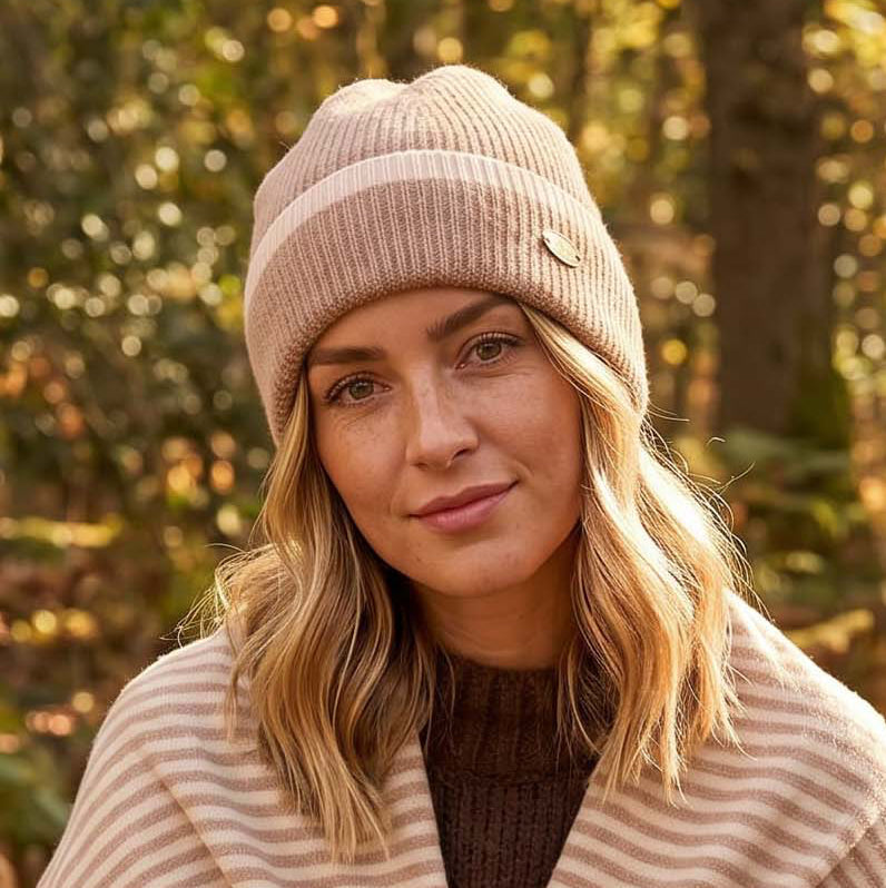 Loxley Lane Caramel Beanie Hat Knitted Border Design
