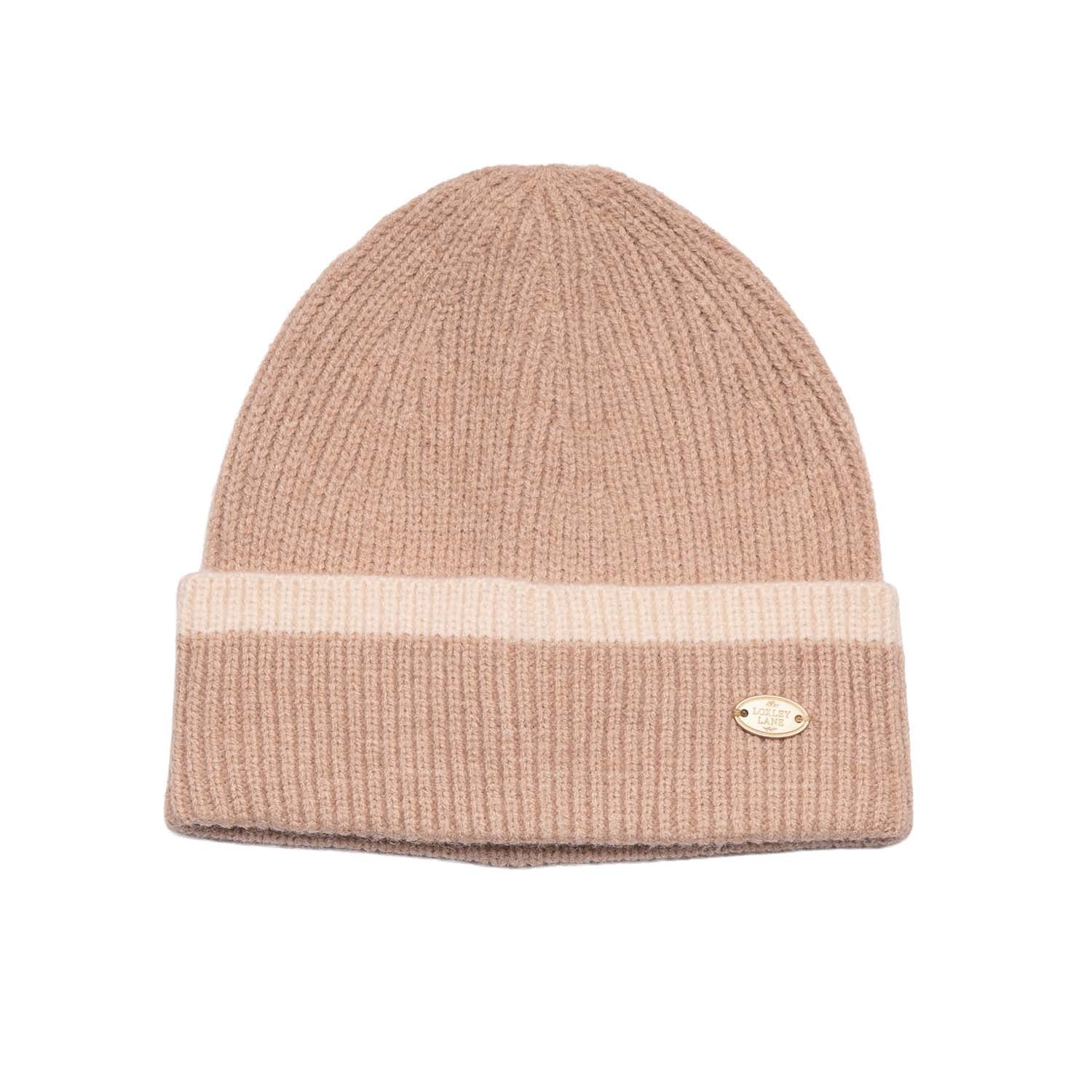 Loxley Lane Caramel Beanie Hat Knitted Border Design