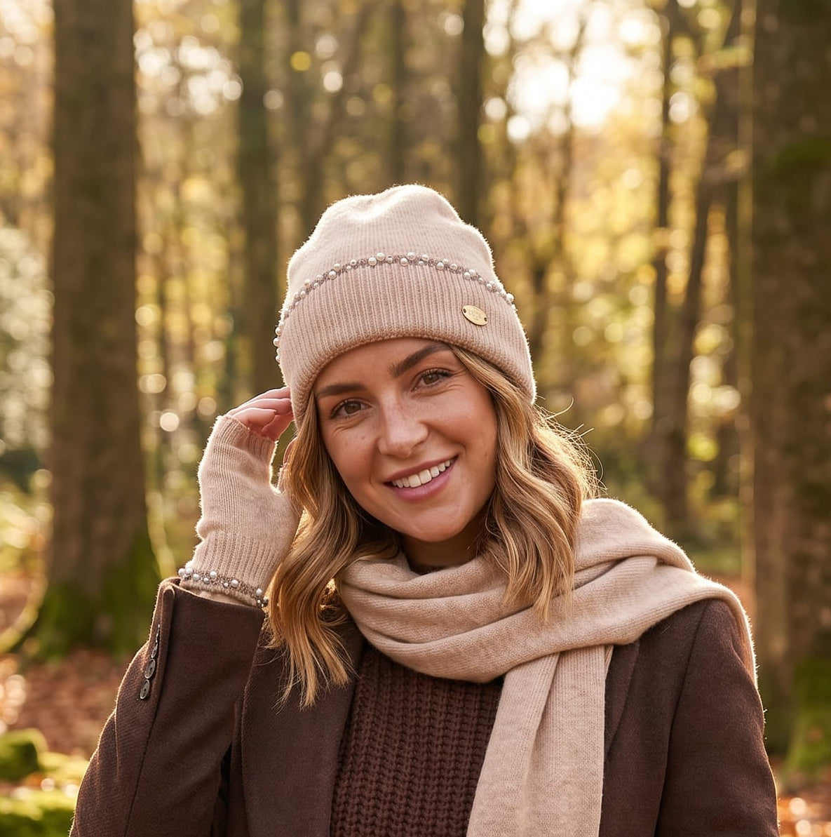 Loxley Lane Cream Luxury Beanie Hat Pearl Detail