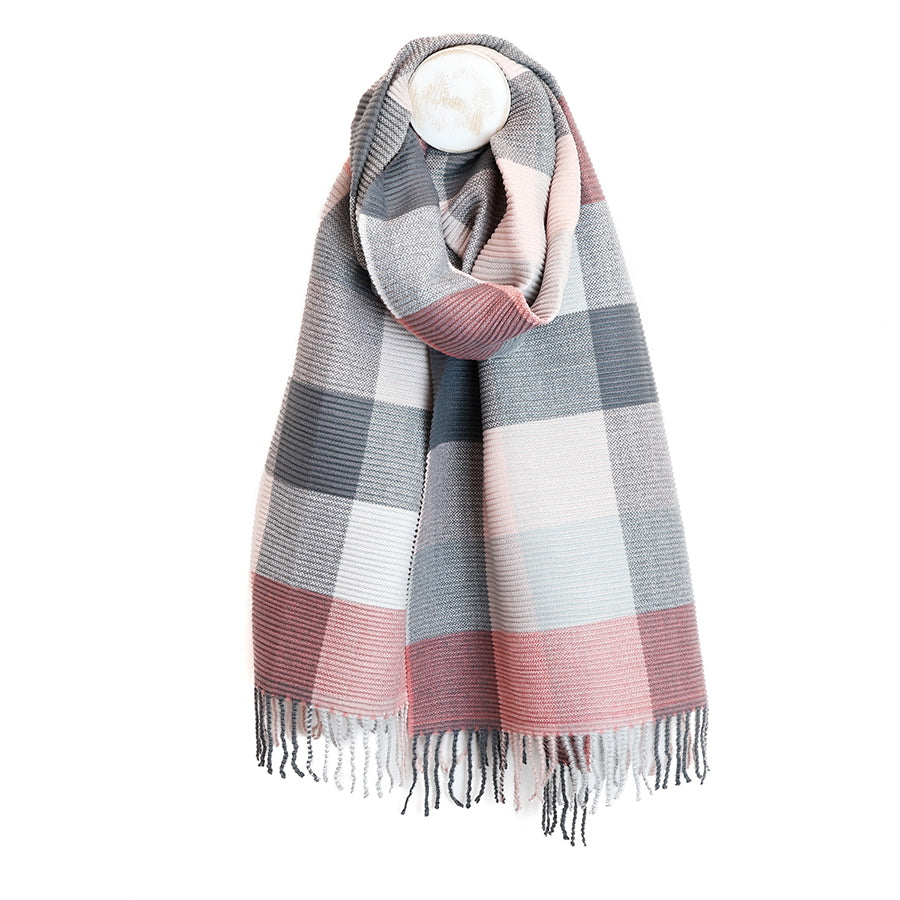 Harriet Pleated Check Scarf – Dusky Pink & Grey