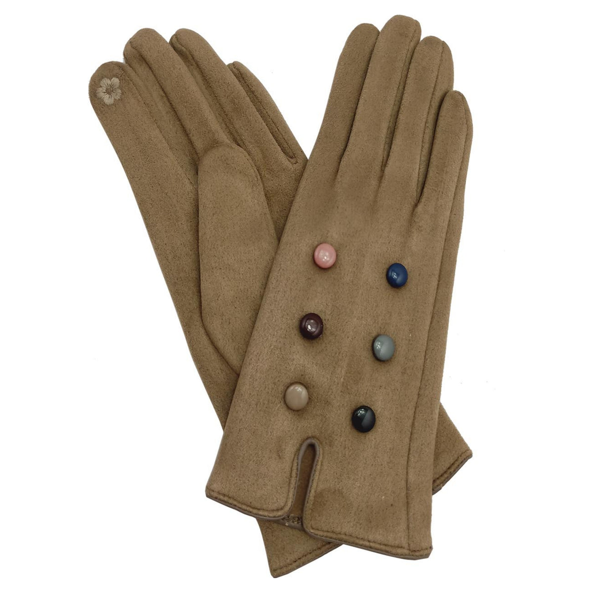 Suedette Gloves with Multi Buttons - Brown