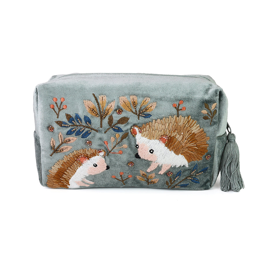 Hedgehog Velvet Wash Bag – Blue-Grey