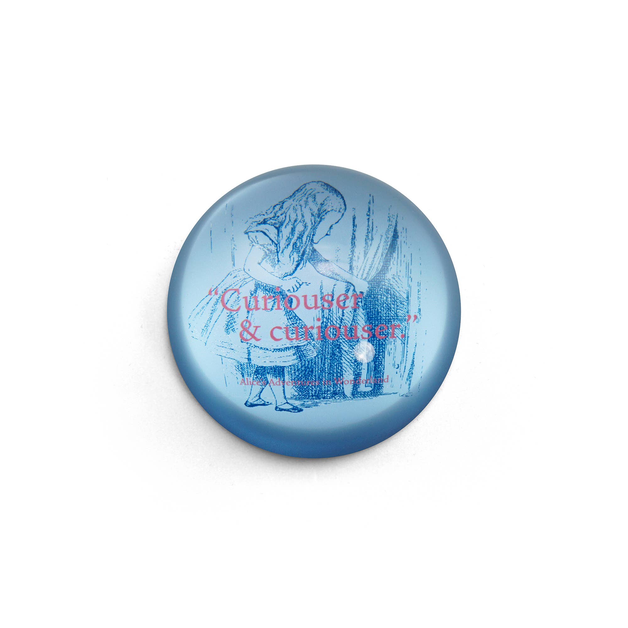 Half Moon Bay - Glass Paperweight Alice in Wonderland Curiouser Blue
