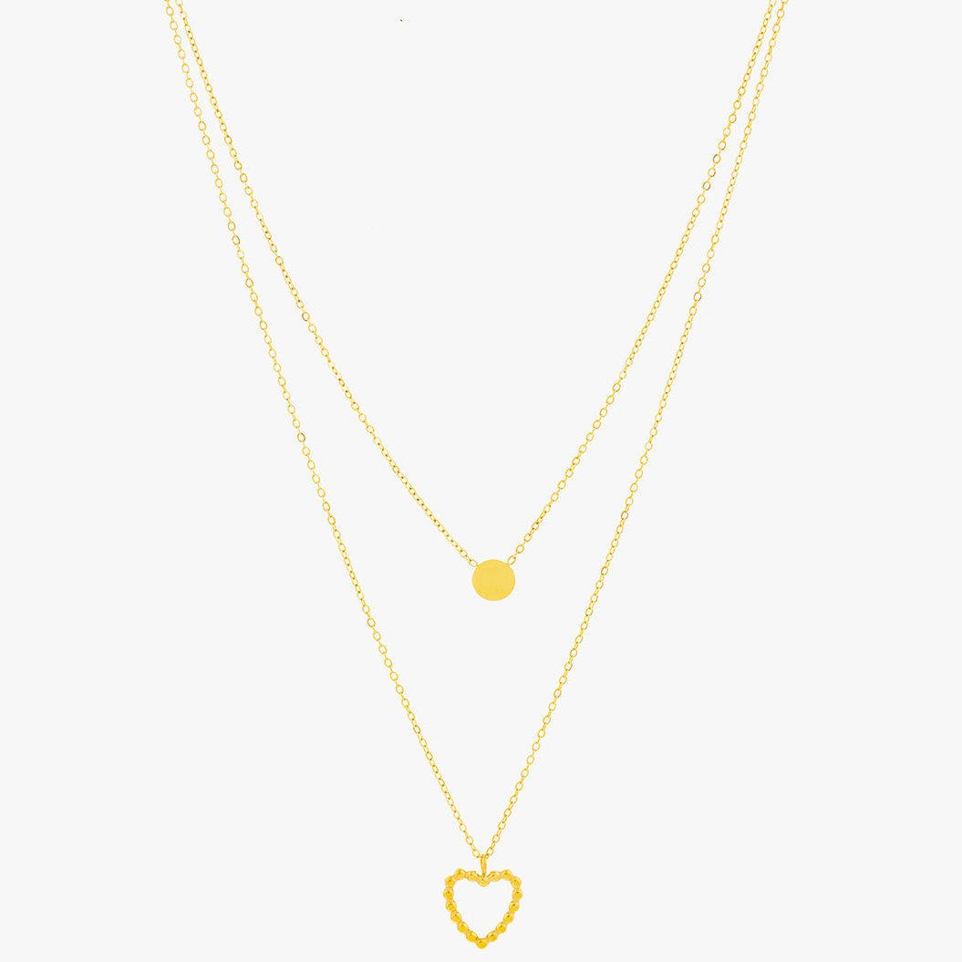 Mira Mira Double Layer Heart & Disc Gold Plated Stainless Steel Necklace