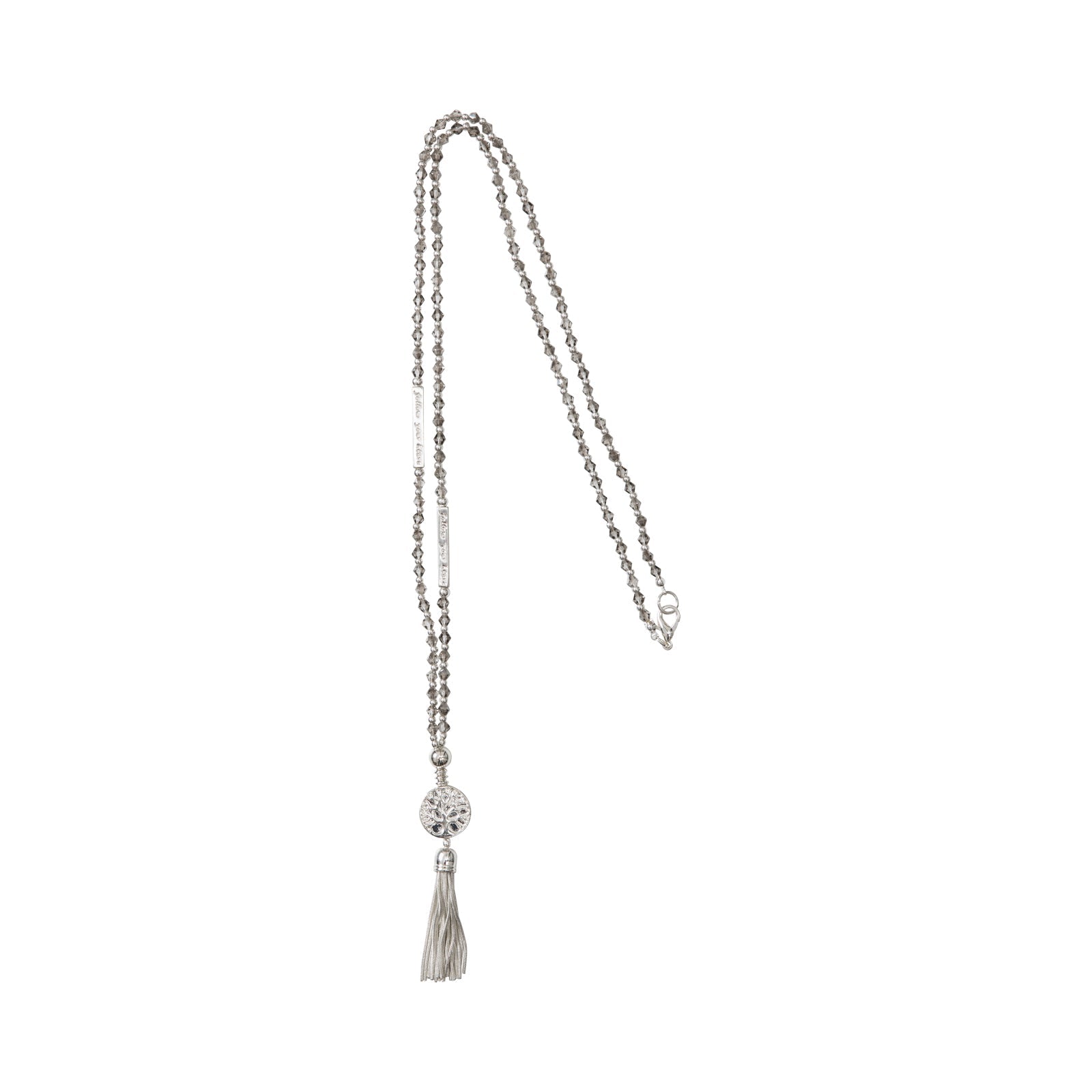 Kylie Silver And Grey Crystal Tree Of Life Tassel Necklace
