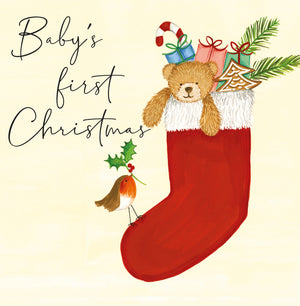 Janie Wilson Stocking with Toys – Baby's First Christmas Christmas Card