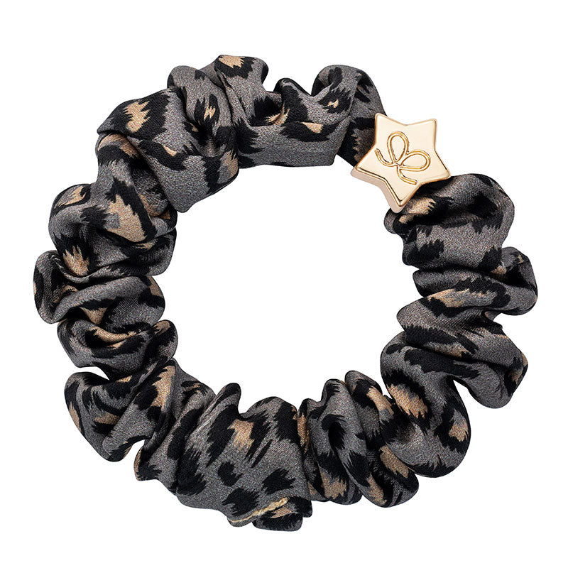 Grey Leopard Gold Star Silk Scrunchie