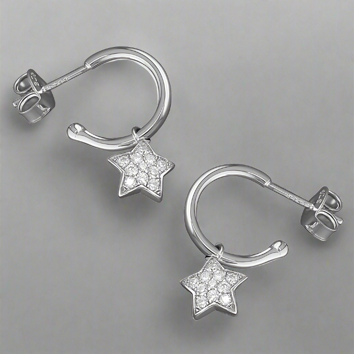 Sterling Silver CZ Star Charm Stud Hoop Earrings