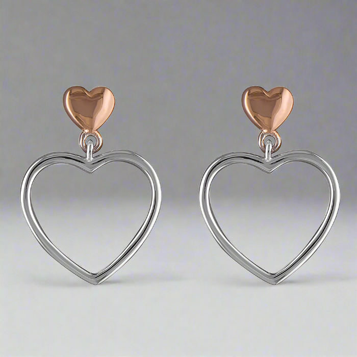 Rose Gold-plated Sterling Silver Heart in Heart Outline Drop Earrings
