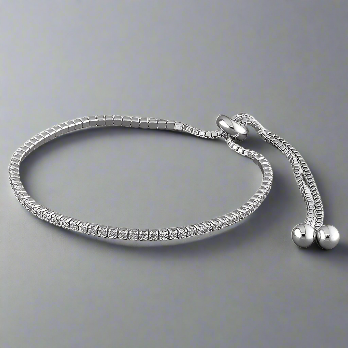 Sterling Silver Simple Crystals Adjustable Friendship Bracelet- Large