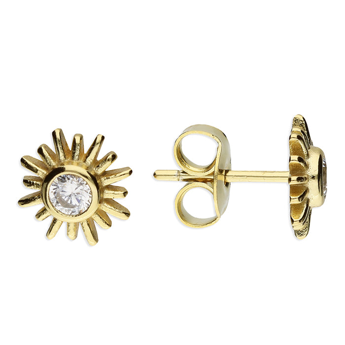 Yellow Gold-plated Sterling Silver Small Cubic Zirconia Sun Stud Earrings