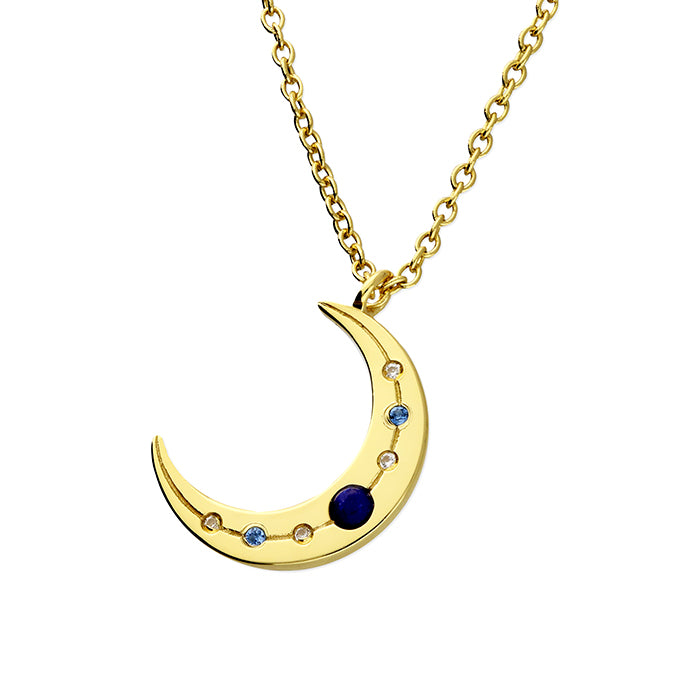 Gold Plated Sterling Silver Crescent Moon Necklace with Lapis and Cubic Zirconia
