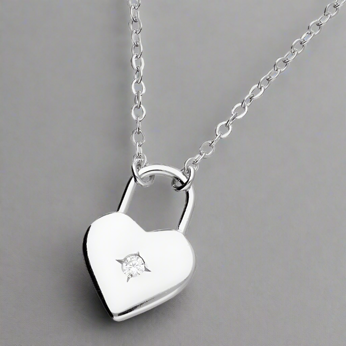 Sterling Silver CZ Padlock Heart Necklace