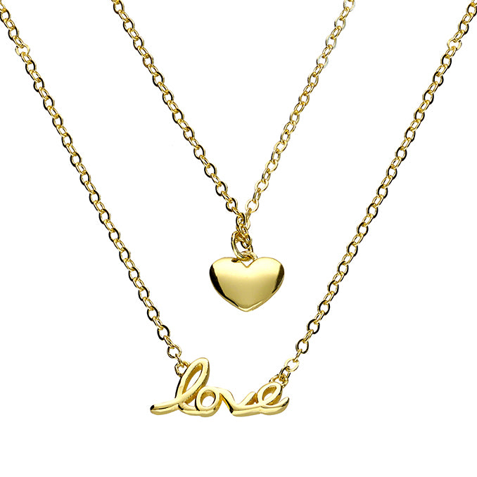 Gold Plated Sterling Silver Double Layer Heart and Love Necklace