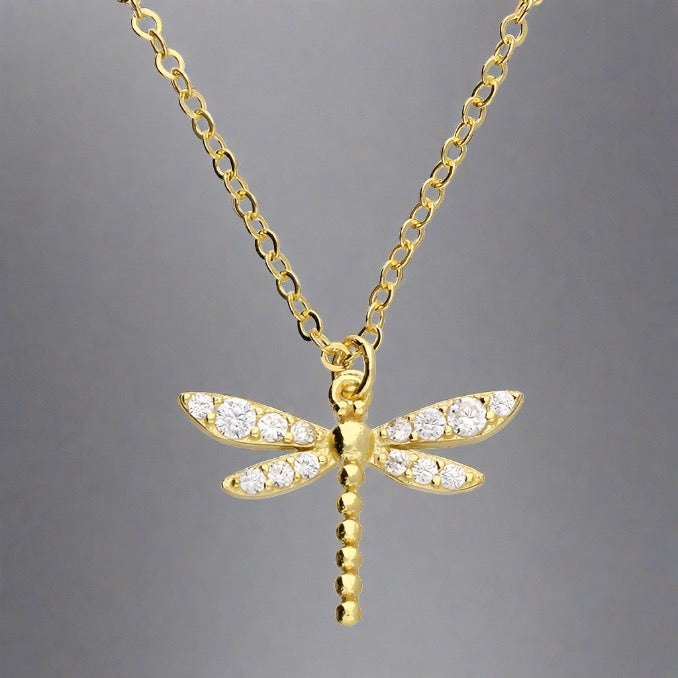 Sterling Silver Gold Plated CZ Dragonfly Necklace