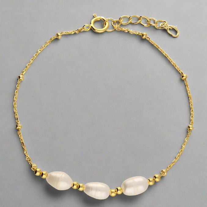 Gold Plated Sterling Silver Trip Pearl Bracelet