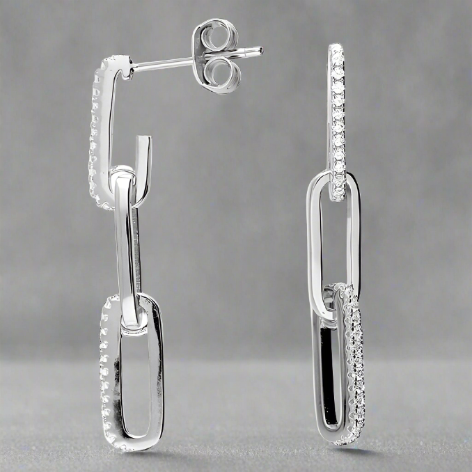 Sterling Silver CZ Paper Chain Drop Earrings